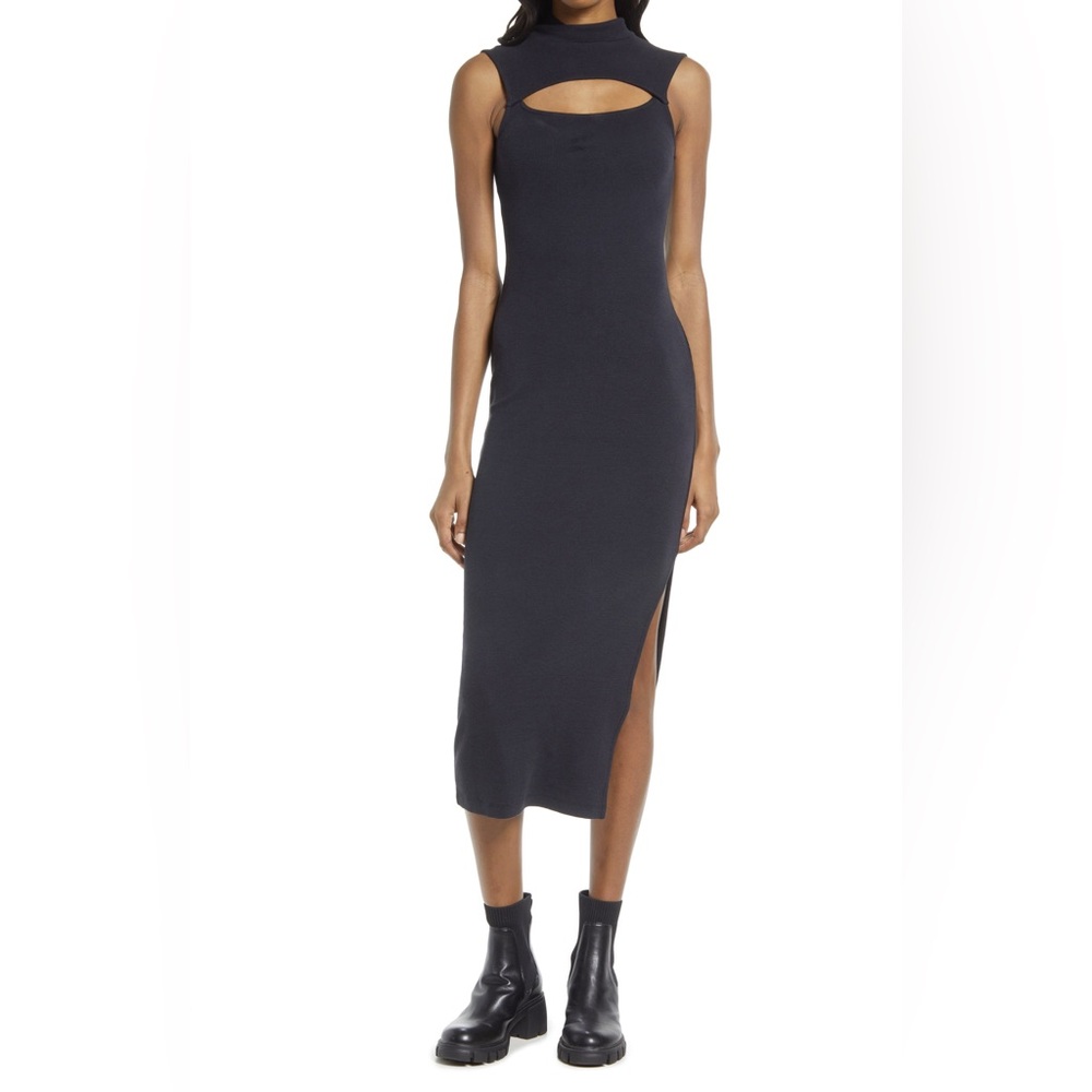 AllSaints Kiki Sleeveless Ribbed Dress with cutout and side slits size 12 black